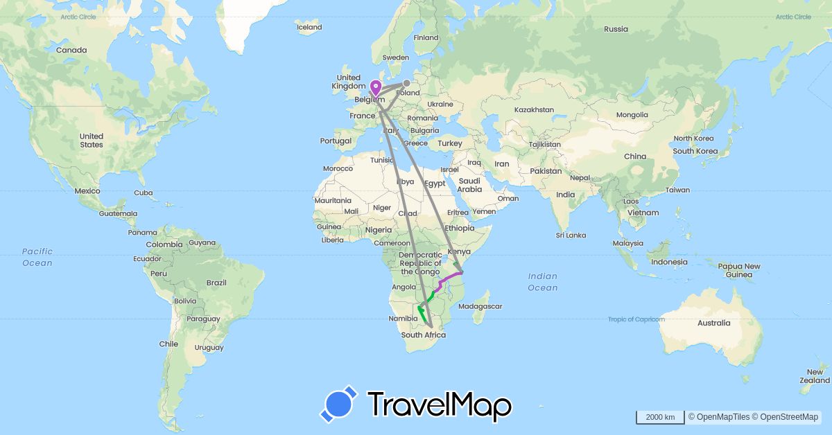 TravelMap itinerary: driving, bus, plane, train, hiking in Botswana, Switzerland, Germany, Netherlands, Poland, Tanzania, South Africa, Zambia, Zimbabwe (Africa, Europe)