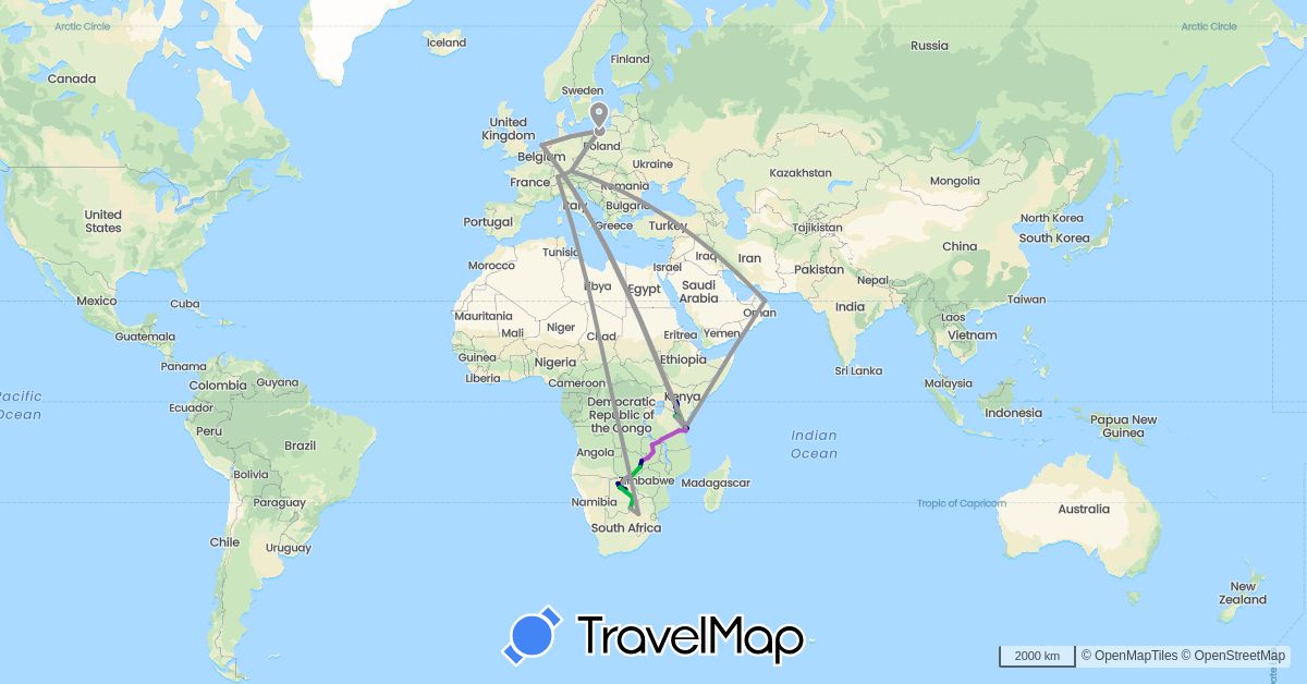 TravelMap itinerary: driving, bus, plane, train, hiking, boat in Botswana, Switzerland, Germany, Kenya, Netherlands, Oman, Poland, Tanzania, South Africa, Zambia, Zimbabwe (Africa, Asia, Europe)